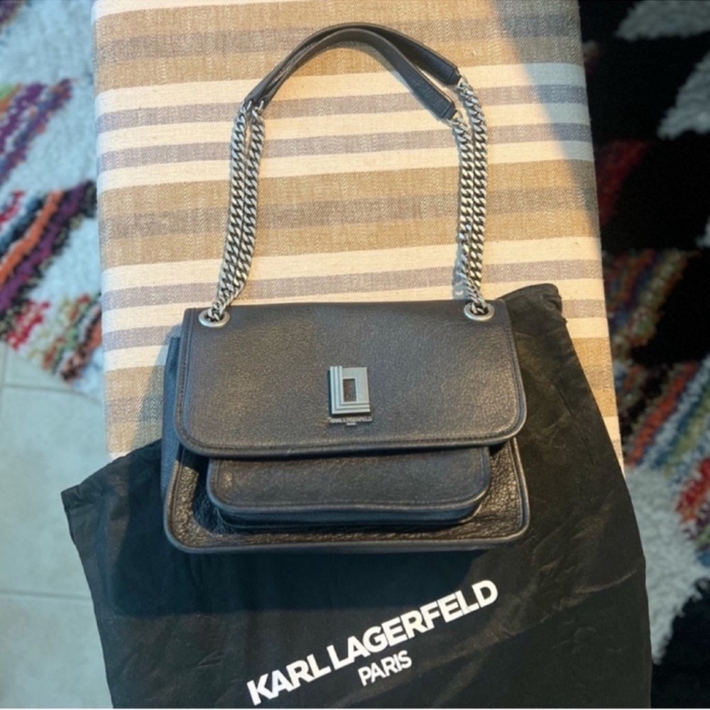 LIKE NEW! Karl Lagerfeld Lyon Black Leather Shoulder Bag satchel purse - Picture 15 of 16